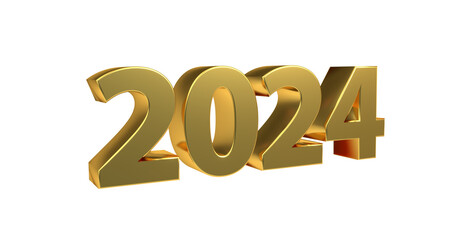 Jahr 2024  goldene plakative 3D-Schrift, Zukunft, Technologie, Fortschritt, Innovation, Trends, Visionen, Prognosen, Digitalisierung, Künstliche Intelligenz, Rendering, Freisteller
