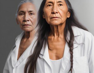 Two elderly native indigenous women as healthcare or lab workers in white lab coats