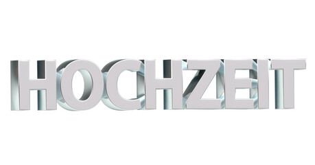Hochzeit silberne plakative 3D-Schrift, Liebe, Ehe, Zeremonie, Feier, Braut, Bräutigam, Hochzeitskleid, Trauung, Hochzeitsfeier, Ehegelöbnis, Ringe, Rendering, Freisteller, Alphakanal
