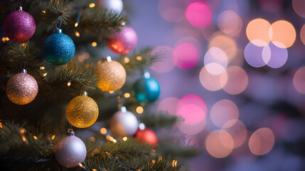 Obraz na płótnie Canvas Christmas tree with colourful ornaments on purple background