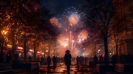 Colourful light show with fireworks at night sky during new year