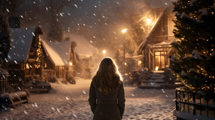 Woman walks in snowfall on the street - Powered by Adobe