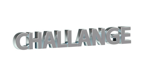 Challange - plakative silberne 3D-Schrift, Herausforderung, Motivation, Wachstum, Ziel, Erfolg, Engagement, Kreativität, Teamwork, Durchhaltevermögen, Fortschritt, Rendering, Freisteller