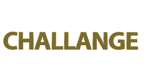 Challange - plakative goldene 3D-Schrift, Herausforderung, Motivation, Wachstum, Ziel, Erfolg, Engagement, Kreativität, Teamwork, Durchhaltevermögen, Fortschritt, Rendering, Freisteller