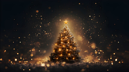 Christmas golden tree, beautiful snowflakes and shining stars