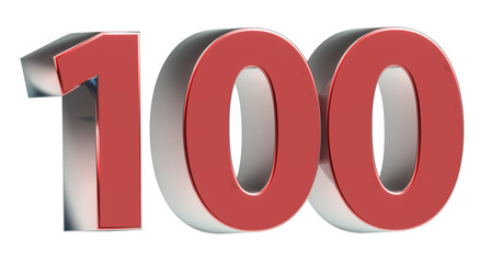 100 plakative rote metallische 3D-Zahl, einhundert, Jubiläum, Euro, Dollar, Preis, Kosten, Prämie,  Betrag, Gutschrift, Gewinn, Kapital, Business, Freisteller, Rendering