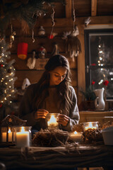 Girls looking on the candles on Christmas tree background