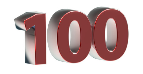 100 plakative rote metallische 3D-Zahl, einhundert, Jubiläum, Euro, Dollar, Preis, Kosten, Prämie,  Betrag, Gutschrift, Gewinn, Kapital, Business, Freisteller, Rendering