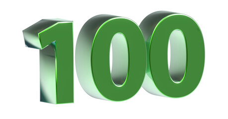 100 plakative grüne metallische 3D-Zahl, einhundert, Jubiläum, Euro, Dollar, Preis, Kosten, Prämie,  Betrag, Gutschrift, Gewinn, Kapital, Business, Freisteller, Rendering