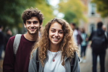 Portrait of young university students outdoors at university