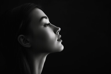 Portrait of young woman in profile close up, Black and white, Low key - obrazy, fototapety, plakaty