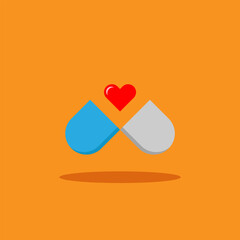 Pill with heart, health protection, orange background. Vector illustration