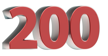 200 plakative rote metallische 3D-Zahl, zweihundert, Euro, Dollar, Preis, Kosten, Prämie,  Betrag, Gutschrift, Gewinn, Kapital, Business, Freisteller, Rendering
