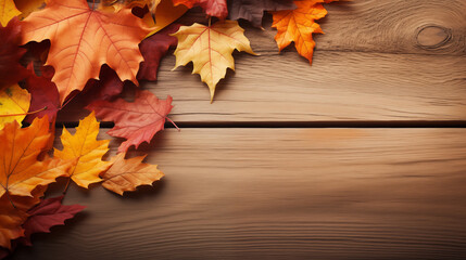 Naklejka na ściany i meble maple autumn leaf on wood background with space