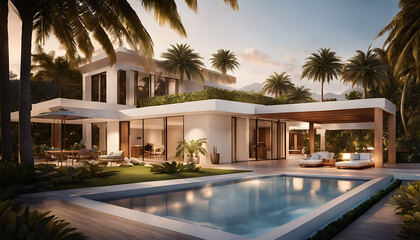 Fototapeta na wymiar Modern white house with a swimming pool, surrounded by a lush garden, palm trees, and a wooden dining area, creating a tranquil and inviting outdoor space.