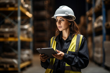 Professional Heavy Industry Engineer Worker Wearing Safety Uniform and Hard Hat, Using Tablet Computer, Serious Successful Female Industrial Specialist Walking in a Metal Manufacture Warehouse