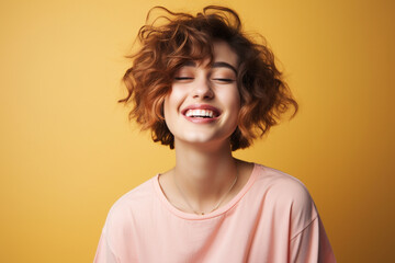 Quirky young woman winking at the camera while standing in a studio - obrazy, fototapety, plakaty