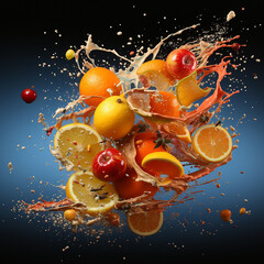 Obraz na płótnie Canvas dynamic art made of fruits like an orange, an apple, ginger, and a lemin - all cut in half created with Generative Ai