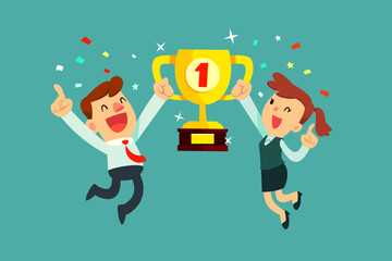 Bussiness team jump to celebrate and holding winning trophy together with confetti in background. Successful award winning business team achieve goal concept.