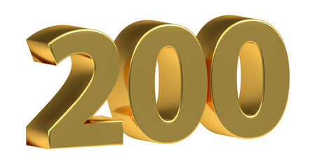 200 plakative goldene metallische 3D-Zahl, zweihundert, Euro, Dollar, Preis, Kosten, Pr&auml;mie,  Betrag, Gutschrift, Gewinn, Kapital, Business, Freisteller, Rendering