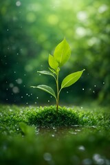 Taking care of the environment, A beautiful representation of the concept of young plant growth, this image showcases a vibrant tree sprouting from the ground. - obrazy, fototapety, plakaty