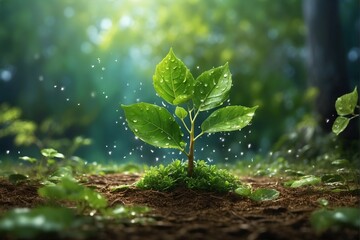 Taking care of the environment, A beautiful representation of the concept of young plant growth, this image showcases a vibrant tree sprouting from the ground. - obrazy, fototapety, plakaty