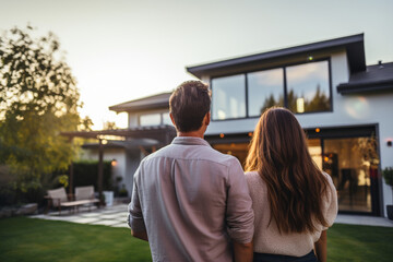 Rearview shot of a young couple standing outside their new home - obrazy, fototapety, plakaty