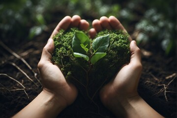Taking care of the environment, person holding a growing plant, heart shape, love - obrazy, fototapety, plakaty