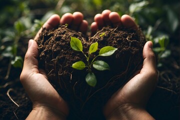 Taking care of the environment, person holding a growing plant, heart shape, love