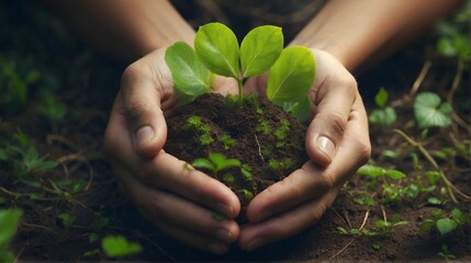 Naklejka na ściany i meble Taking care of the environment, person holding a growing plant, heart shape, love