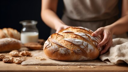 skilled baker showcasing hot fresh white bread from oven in rustic kitchen - obrazy, fototapety, plakaty