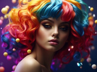 Obraz na płótnie Canvas portrait of a woman with rainbow hair and colorful makeup