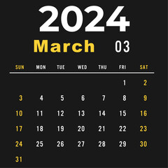 Monthly calendar template for 2024 year March 2024 year, Week Starts on Sunday, Desk calendar 2024 design, Wall calendar, planner design, stationery, printing media, red background, vector