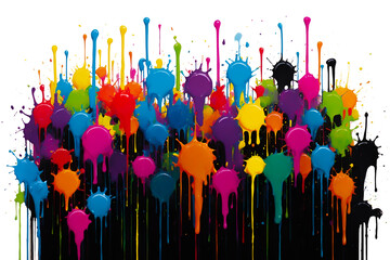 Colorful paint splashes of various hues erupting and dripping against a black background in a dynamic and vibrant display.