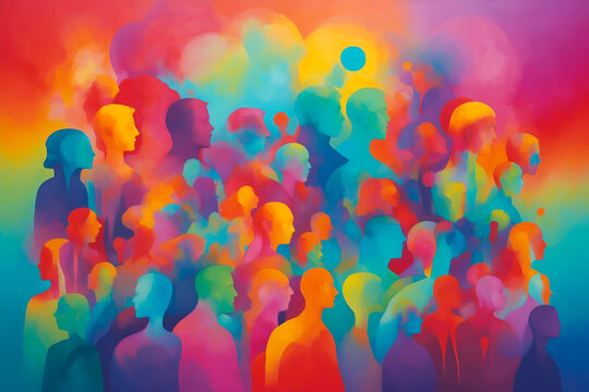 Colorful silhouettes of multiple human profiles blending into an abstract, cloud-like background.