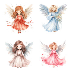 Christmas night angel with wings set watercolor paint for holiday greeting card decor on white - obrazy, fototapety, plakaty