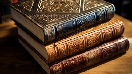 A stack of antique books with leather bindings, showcasing detailed embossing and patterns