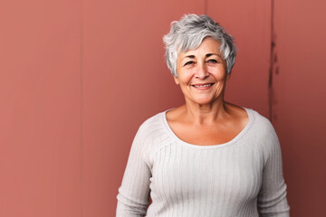 Senior woman with gray hair wearing casual clothes with a happy and cool smile on face, lucky person