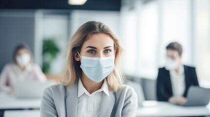 Business woman wearing face mask inside office. AI