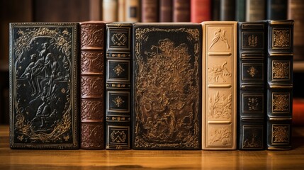 A stack of antique books with leather bindings, showcasing detailed embossing and patterns - obrazy, fototapety, plakaty