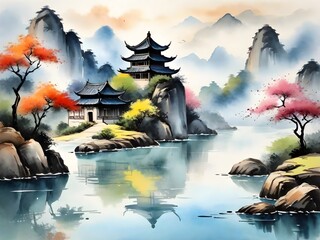 Holiday season postcard style illustration. Japanese painting style landscape. asian traditional culture. illustration, drawing, relaxation. tranquillity