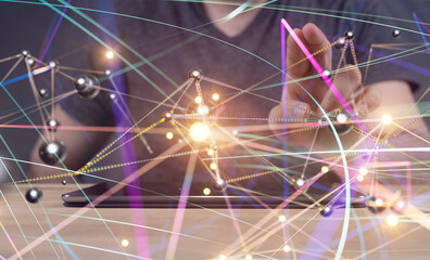 abstract lines with dots over dark background.