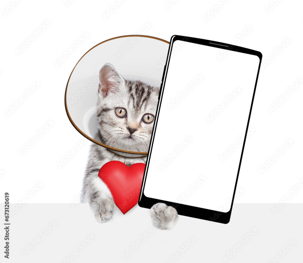 Poster Cute tabby kitten wearing protective cone collar shows red heart and big smartphone with empty screen above empty white banner. Isolated on white background