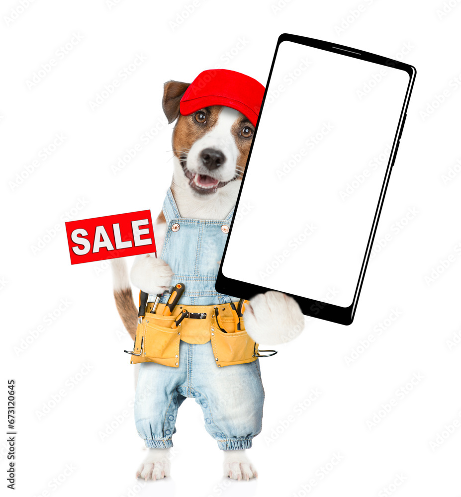 Poster funny jack russell terrier puppy wearing red cap and denim overalls with tool belt showing big smart