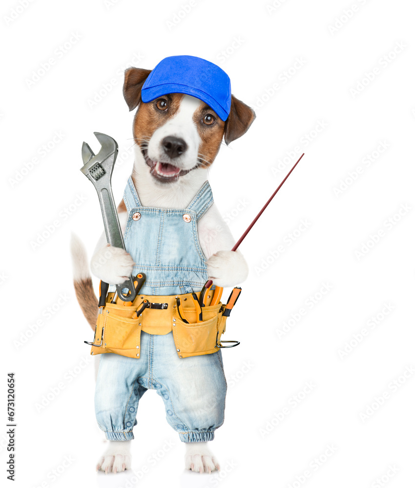 Aufkleber funny jack russell terrier puppy wearing blue cap and denim overalls with tool belt holds adjustable