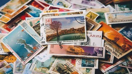 Fototapeta na wymiar A stack of vintage postcards with vibrant, circular postage stamps from around the world
