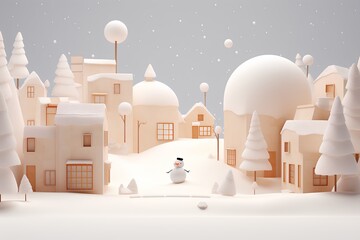 雪の降る街並みと雪だるま（3D）