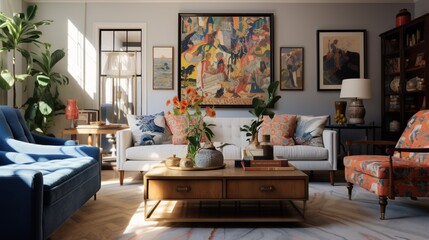 Create an eclectic living room with a mix of vintage and contemporary furniture, bold patterns, and unique art pieces that showcase the homeowner's diverse tastes