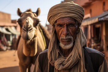 Naklejka premium A Gaze Carved from Time: The Camel Keeper