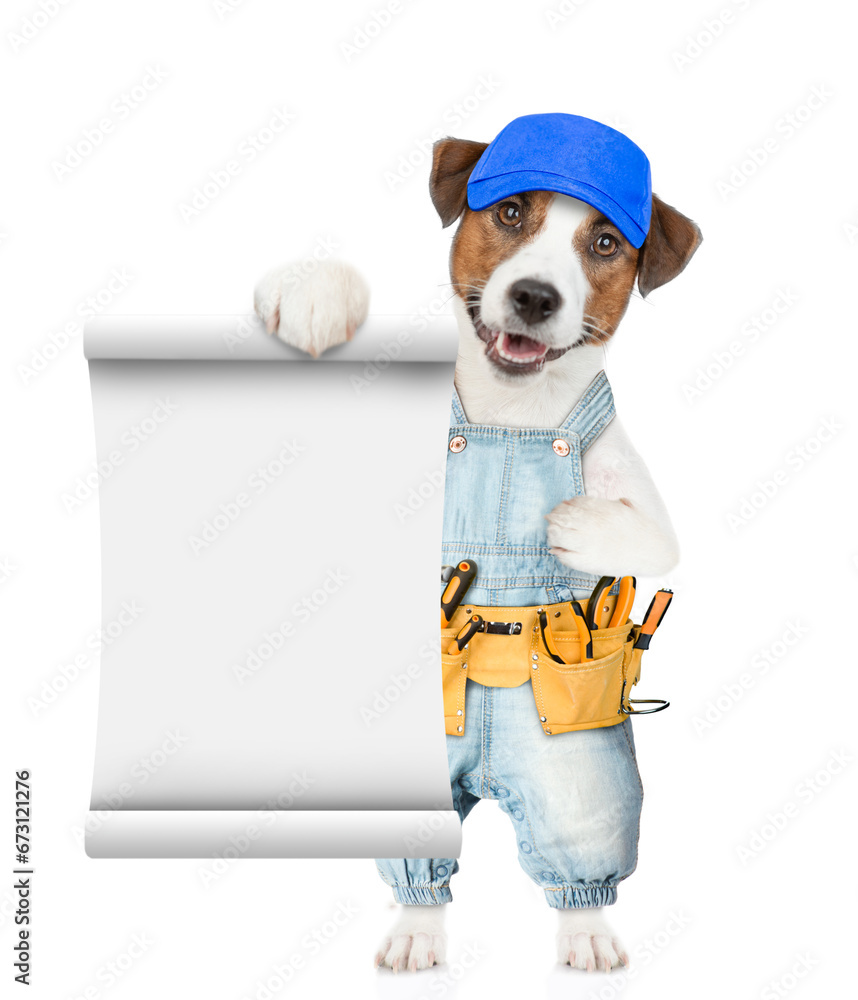 Poster funny puppy wearing denim overalls with tool belt shows empty list. isolated on white background